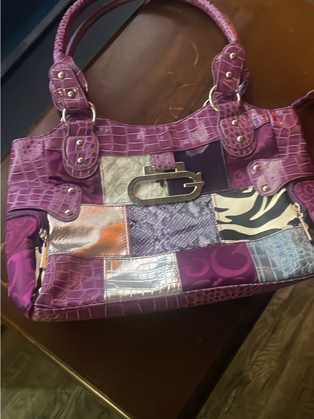 Purple Patchwork Shoulder Bag with Mixed Textures